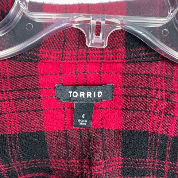 Torrid Plaid Tunic Shacket Womens 4 Button Front 3/4 Sleeve Pockets Red Black - Picture 4 of 12